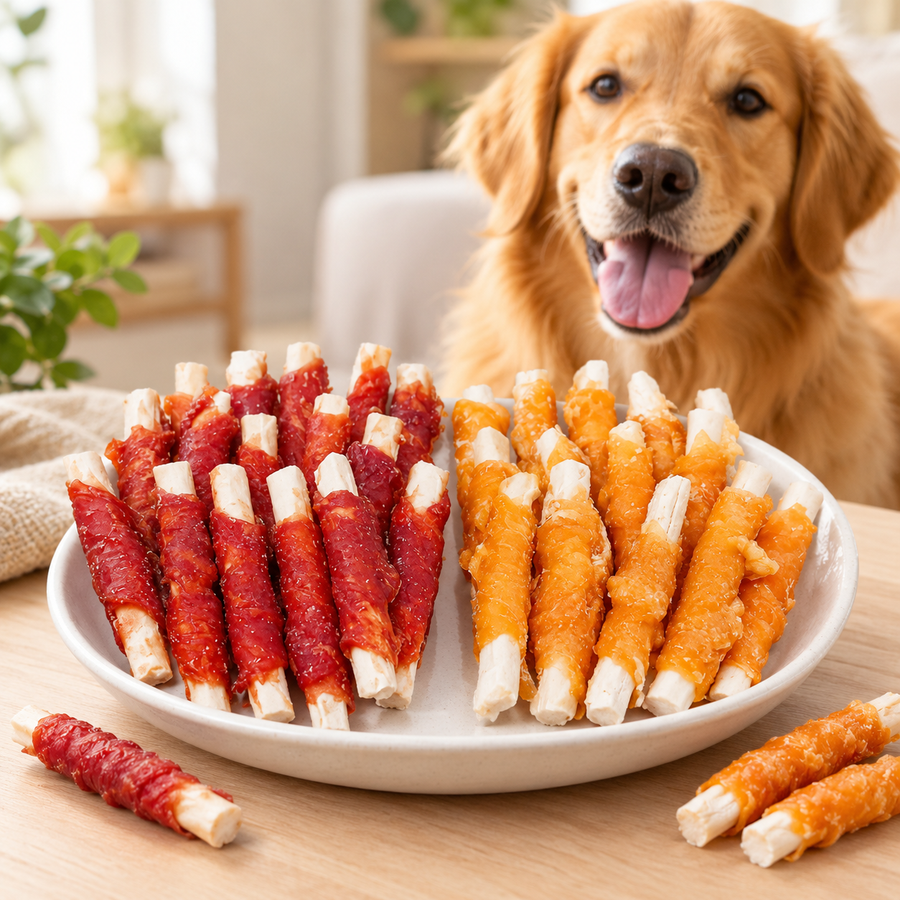 Duck and sweet potato dog treats arranged as a tasty reward for dogs