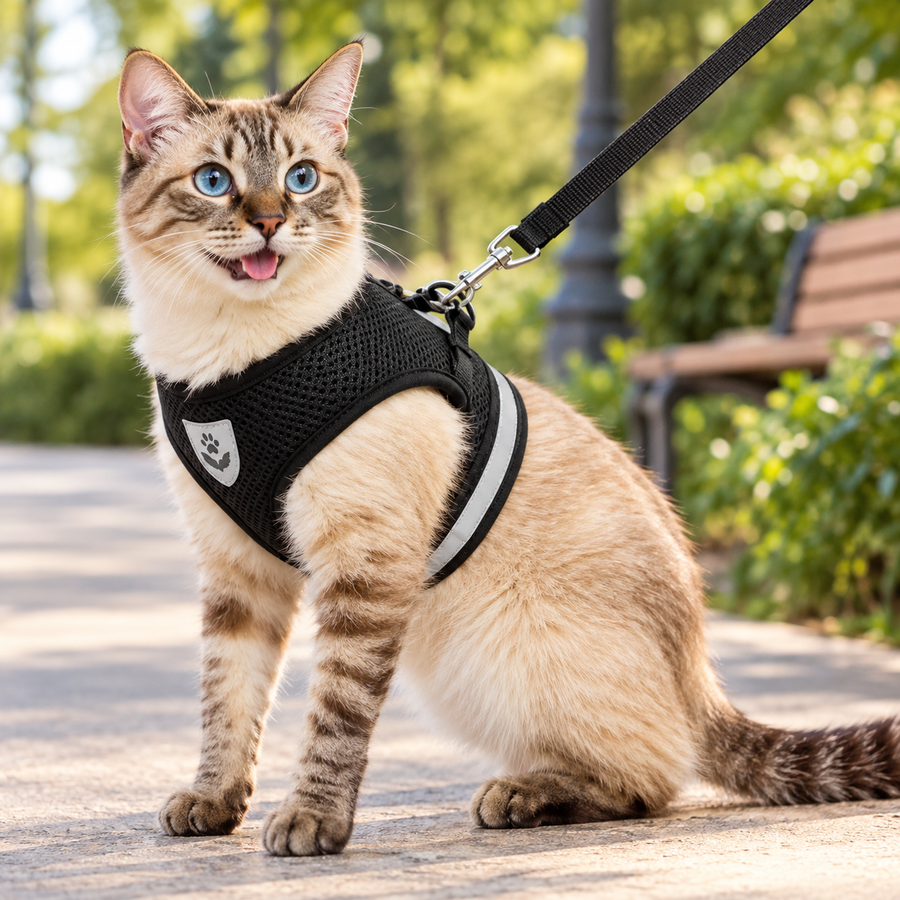 Adjustable cat and dog harness with reflective mesh vest and matching leash for safe outdoor walks