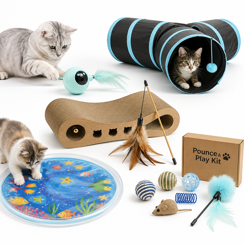 Cat Toys Collection featuring interactive toys, tunnels, scratchers, and play accessories for indoor cats.