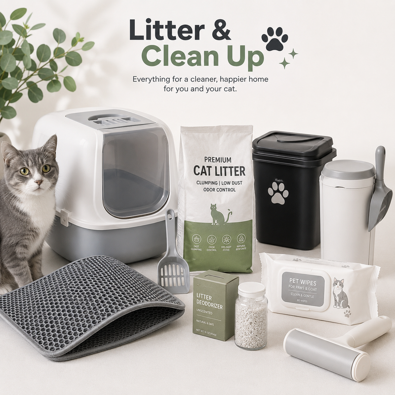 Litter & Clean Up collection featuring cat litter boxes, litter mats, scoops, pet wipes, and cleaning accessories.