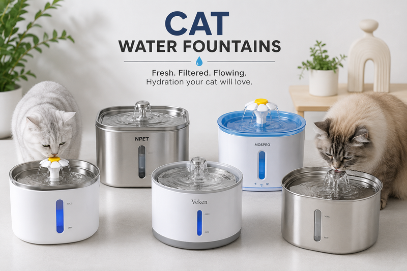 Cat Water Fountains collection featuring automatic stainless steel pet water dispensers for cats.