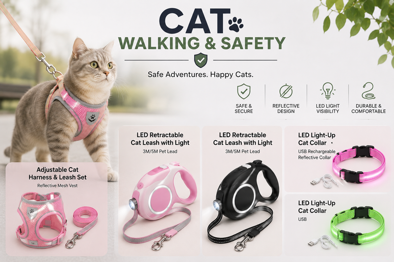 Cat Walking & Safety collection featuring adjustable cat harnesses, reflective mesh vests, LED retractable leashes, and USB rechargeable LED light-up collars.
