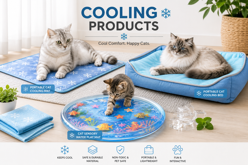 Cooling Products collection featuring portable cat cooling mats, cooling beds, and interactive sensory water play mats for cats.