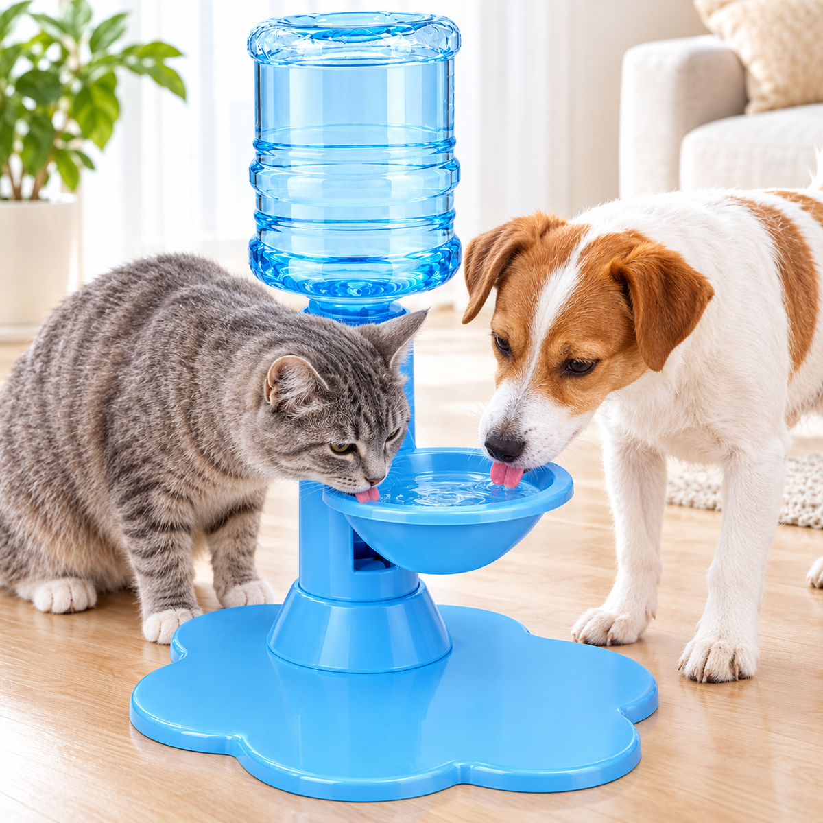 A blue pet water fountain with a large translucent water jug on top and two bowls at the bottom, shown in a home setting with a gray tabby cat and a brown-and-white dog drinking water.