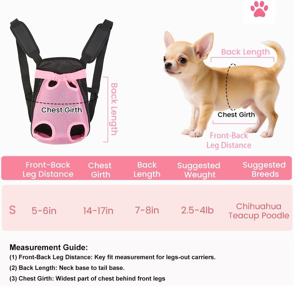 Inspack Dog Backpack Carrier/Cat Carrier, Adjustable Pet Front Carriers Travel Bag for Puppy Medium Dogs, Legs Out, Soft Ventilated Doggie Chest Carry Backpacks for Hiking/Camping, 2.5-4 Lbs, Pink