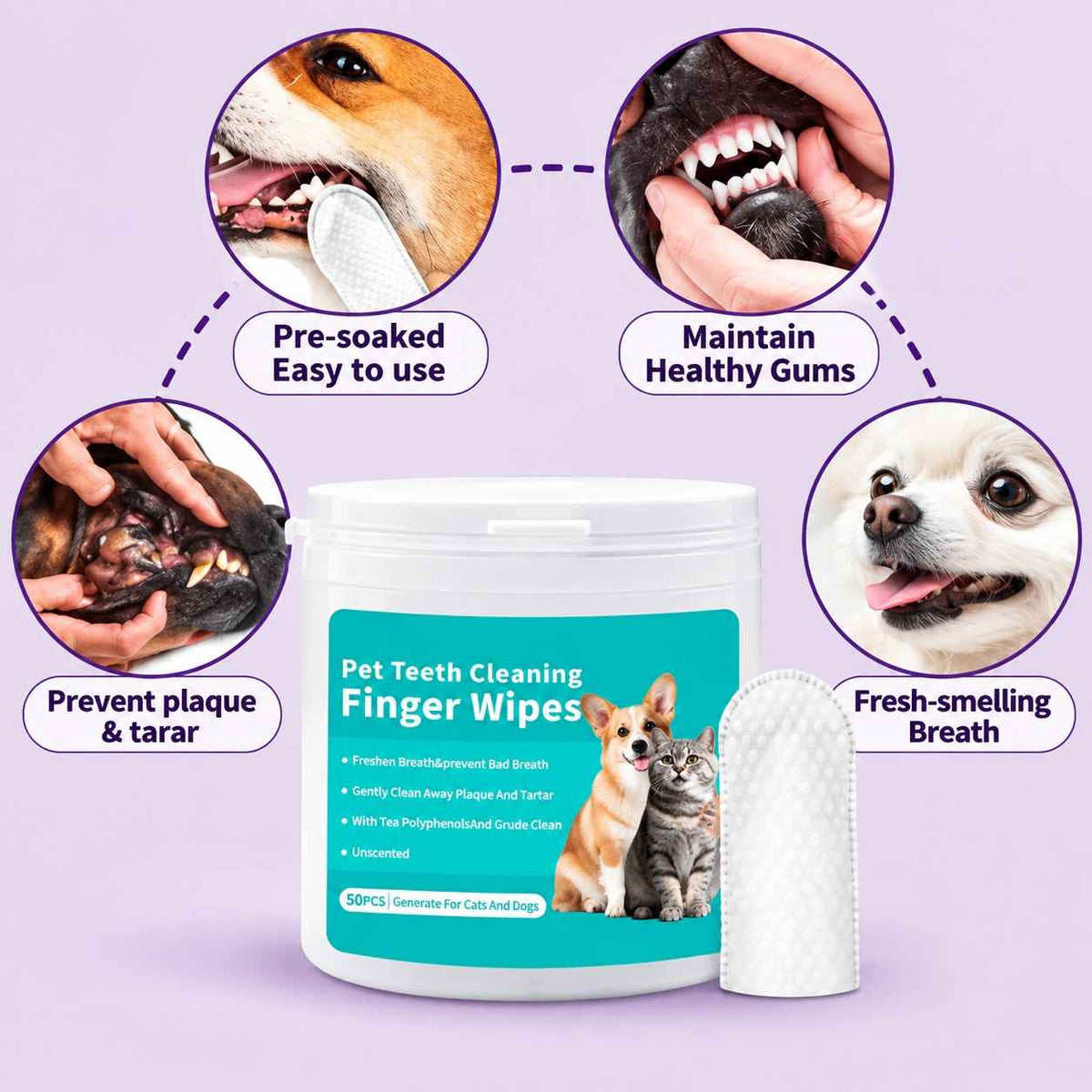 Pet Teeth Cleaning Finger Wipes 50 CountCat Dental Wipes