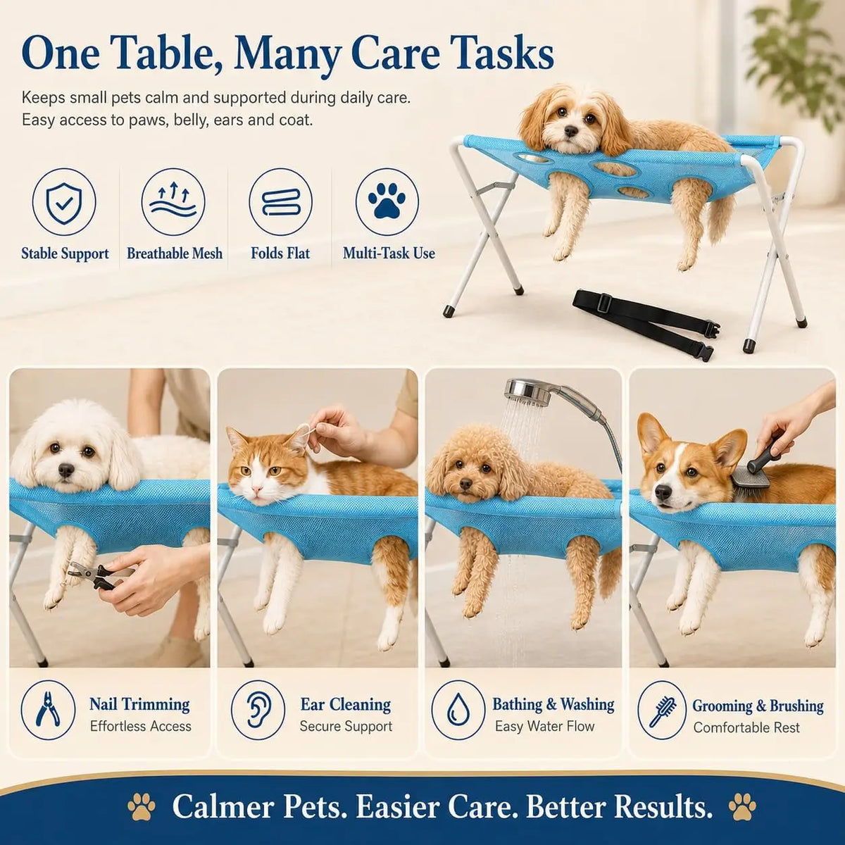 Foldable Pet Grooming Bath Hammock Stand | Easy Cat & Dog Bathing Mesh Station