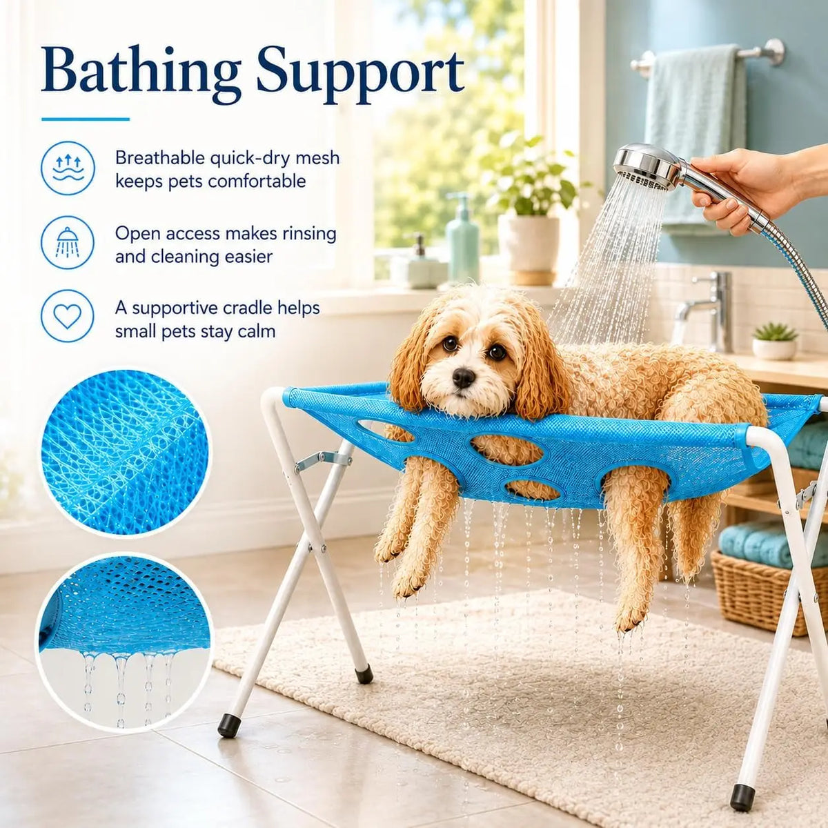 Foldable Pet Grooming Bath Hammock Stand | Easy Cat & Dog Bathing Mesh Station