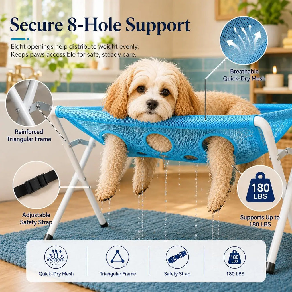 Foldable Pet Grooming Bath Hammock Stand | Easy Cat & Dog Bathing Mesh Station