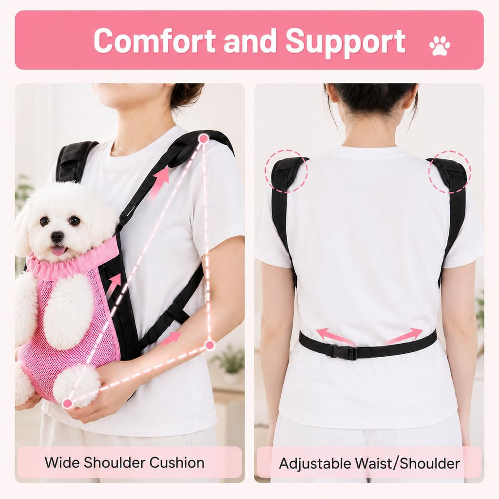 Inspack Dog Backpack Carrier/Cat Carrier, Adjustable Pet Front Carriers Travel Bag for Puppy Medium Dogs, Legs Out, Soft Ventilated Doggie Chest Carry Backpacks for Hiking/Camping, 2.5-4 Lbs, Pink