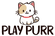 A cartoon cat with a white and beige body, pink inner ears, a red collar, and the text 'PLAY PURR' below it on a plain white background.